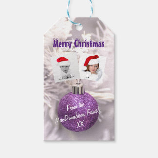 Purple bauble Merry Christmas photo template Gift Tags