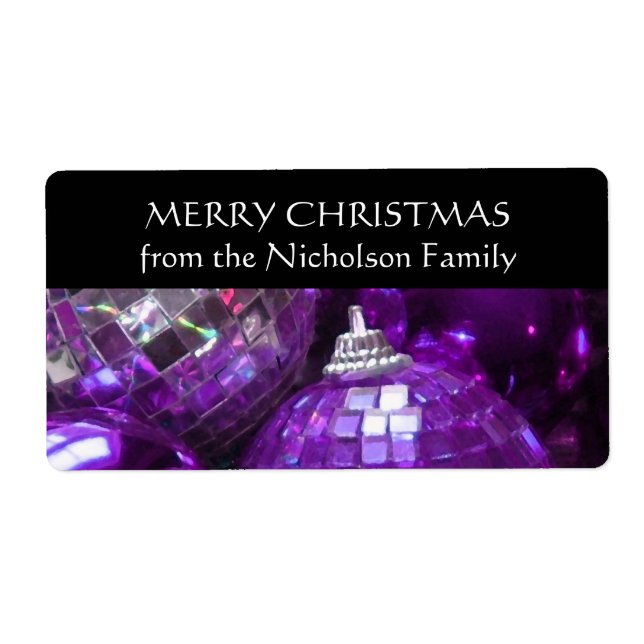 Purple Baubles 'Family name' gift tag label black (Front)