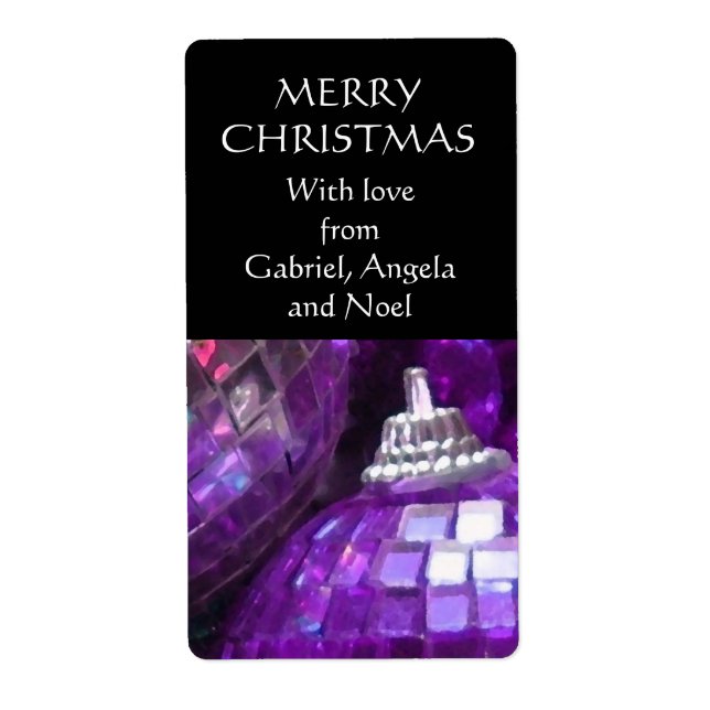 Purple Baubles gift tag label portrait black (Front)