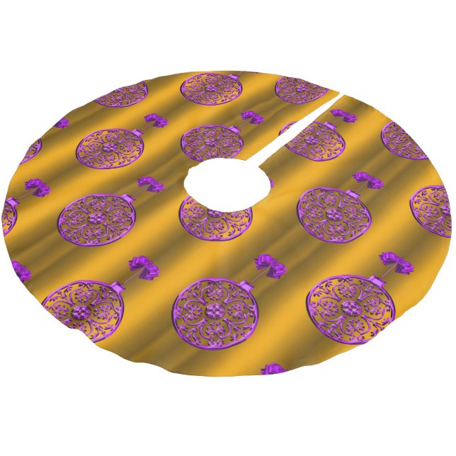 Purple Baubles on Gold Christmas Brushed Polyester Tree Skirt (Angled)