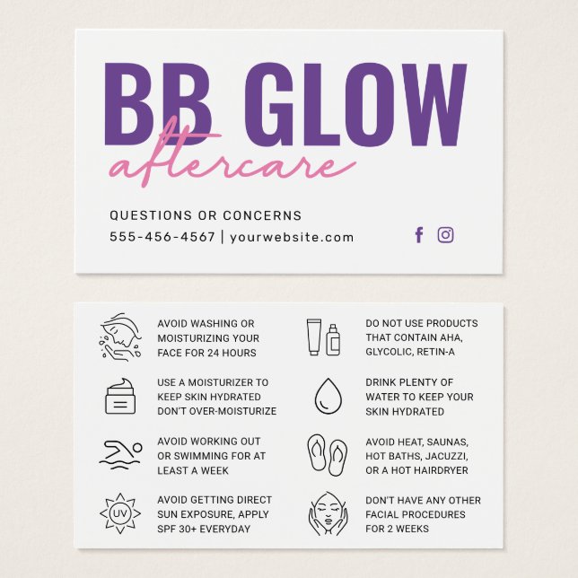 Purple BB Glow After Care Instruction Card (Front & Back)