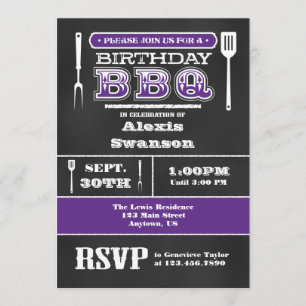 Purple BBQ Birthday Chalkboard Invitation