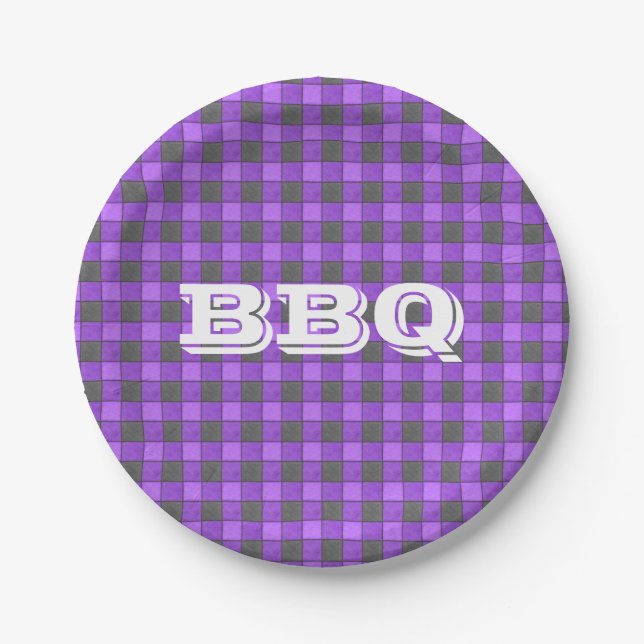 Purple BBQ Monogram Check Small Paper Plate (Front)