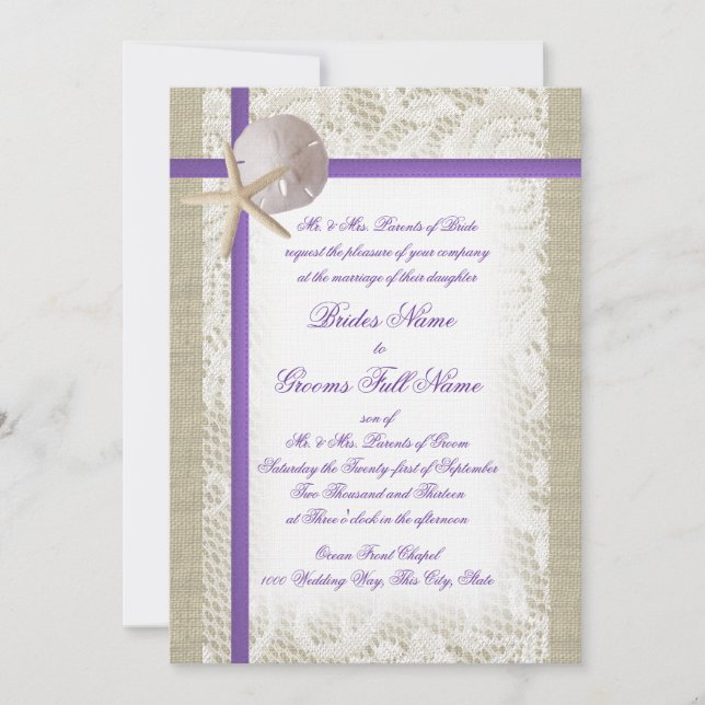 Purple Beach Burlap and Vintage Lace Wedding Invitation (Front)