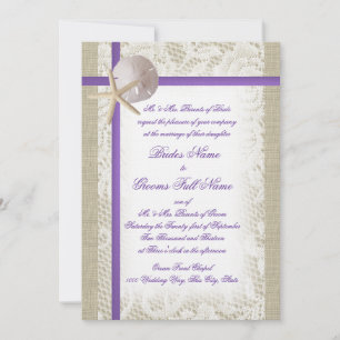 Purple Beach Burlap and Vintage Lace Wedding Invitation