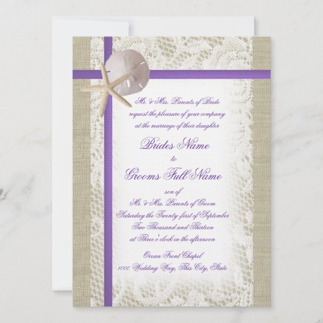 Purple Beach Burlap and Vintage Lace Wedding Invitation (Front)