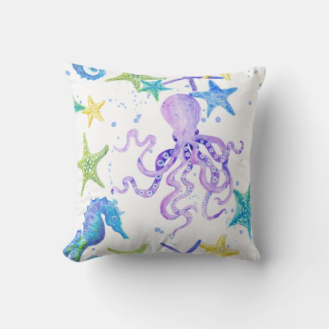 Purple Beach Coastal Octopus Seahorse Starfish Art Cushion (Front)