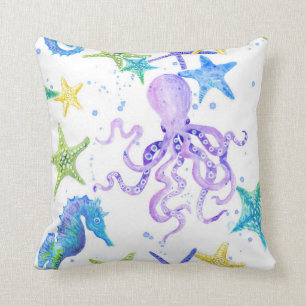Purple Beach Coastal Octopus Seahorse Starfish Art Cushion