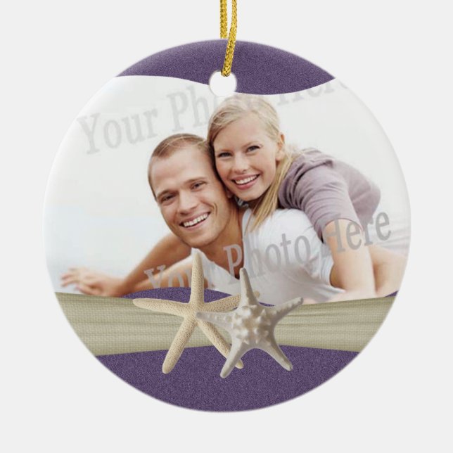 Purple Beach Starfish Photo Ceramic Tree Decoration (Front)