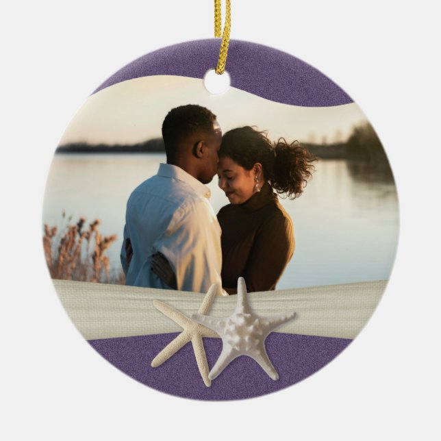 Purple Beach Starfish Photo Ceramic Tree Decoration (Front)