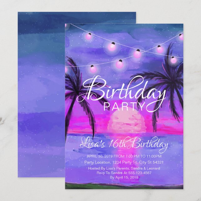 Purple Beach Sunset Birthday Invitations (Front/Back)