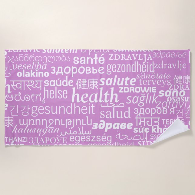 Purple Beach Towel with Multilingual Health Text (Front)