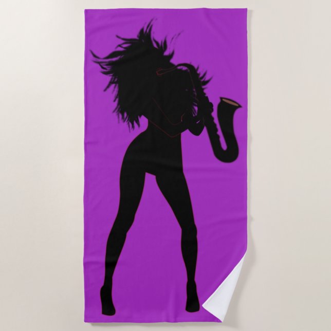 Purple Beach Towel with Saxophone Player Woman (Front)