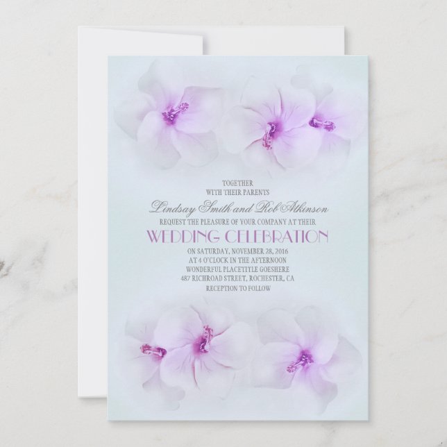 purple beach wedding invitation with hibiscus (Front)