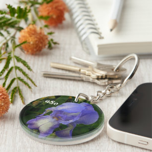 Purple Bearded Iris Floral Monogram Acrylic Keycha Key Ring