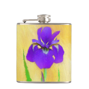 Purple Bearded Iris Painting - Cute Original Dog A Hip Flask