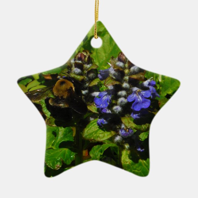 Purple Bee Balm and Bumble Bee Ceramic Tree Decoration (Front)