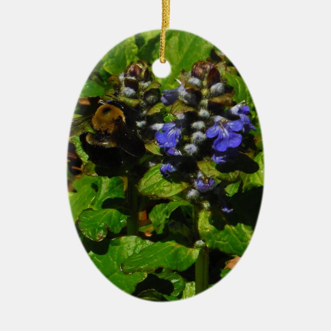 Purple Bee Balm and Bumble Bee Ceramic Tree Decoration (Front)
