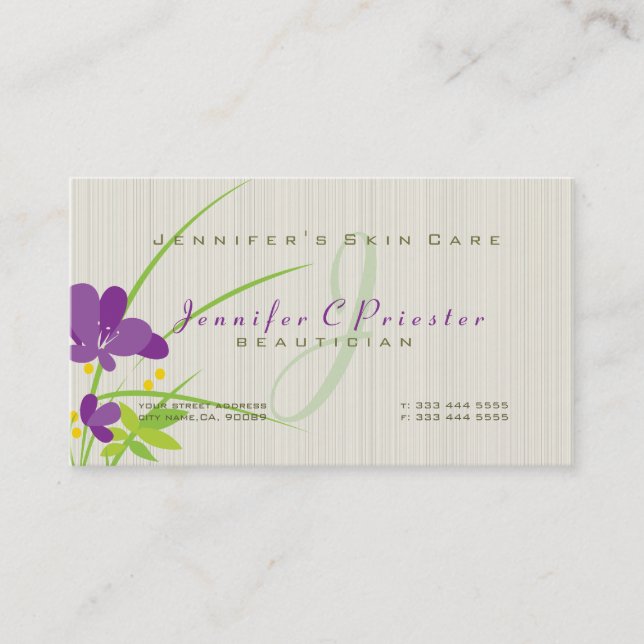 Purple Beige And Green Flower Illustration Business Card (Front)