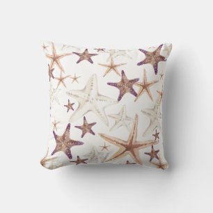 Purple Beige Cream Starfish Seashell Beach Coastal Cushion