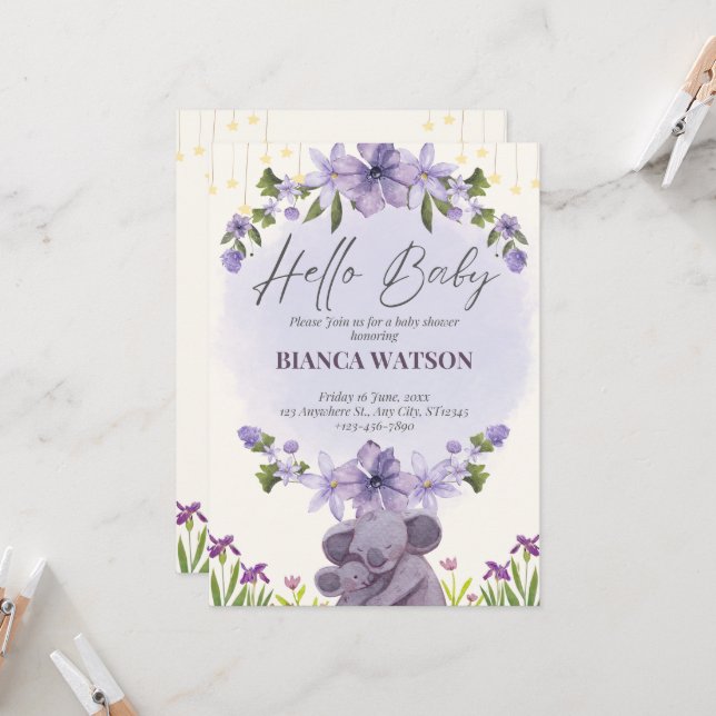 Purple Beige Cute Baby Shower Invitation (Front/Back In Situ)