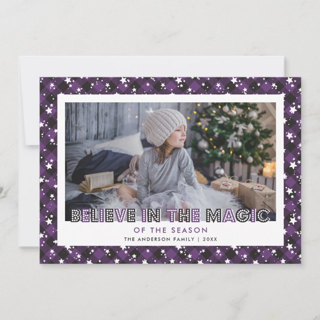 Purple Believe In the Magic Photo Christmas Cards (Front)