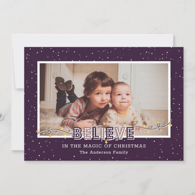 Purple Believe In the Magic Photo Christmas Cards (Front)