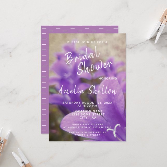 Purple Bellflowers Floral Bridal Shower Invitation (Front/Back In Situ)
