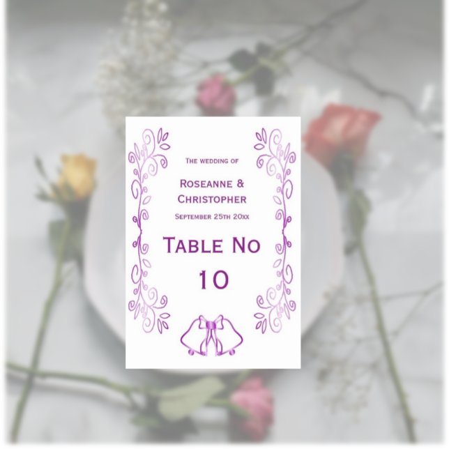 Purple Bells Scrollwork Design Wedding Table Number (Purple wedding table number card bells and scrollwork design)