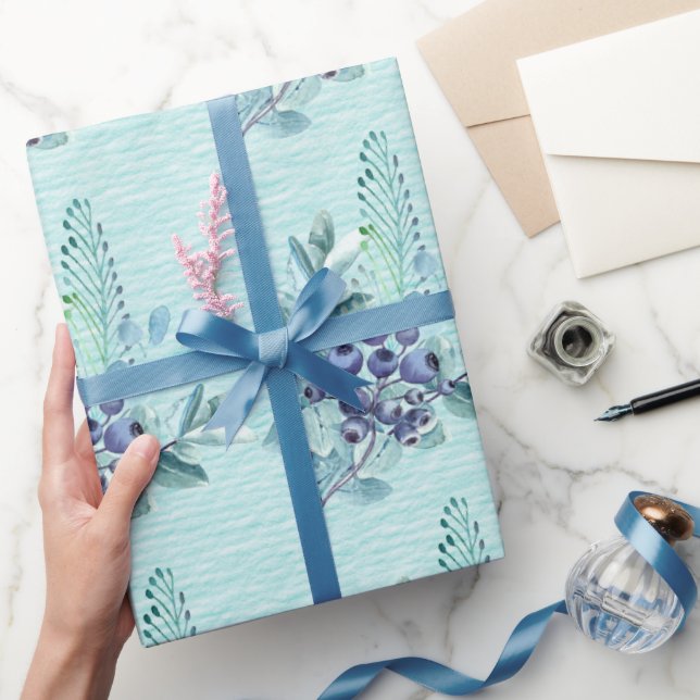 Purple Berries and Blue Feathers On Deep Turquoise Wrapping Paper (Gifting)