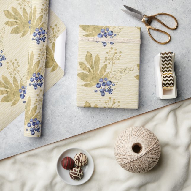 Purple Berries and Gold Leaves On Pale Yellow Wrapping Paper (Crafts)