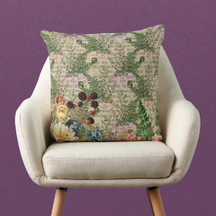 Purple Berries and Roses on Newsprint Ephemera Cushion