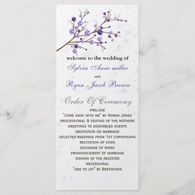 purple berries elegant winter Wedding program Programme (Front)