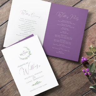 Purple berry and green leaves monogram art wedding programme