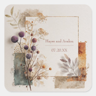 Purple Berry Botanical Gold Frame Modern Wedding Square Sticker