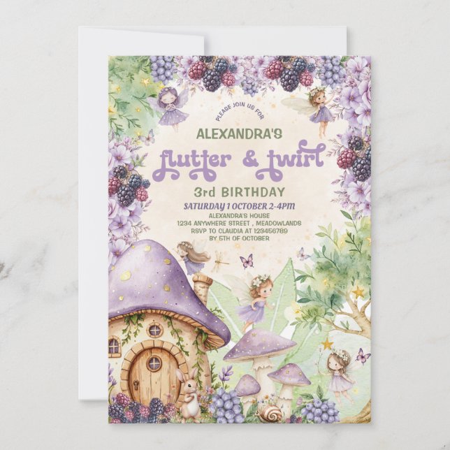 Purple Berry Flutter & Twirl  Fairy 3rd Birthday Invitation (Front)