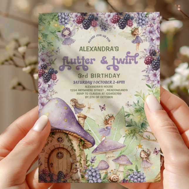 Purple Berry Flutter & Twirl  Fairy 3rd Birthday Invitation (Creator Uploaded)