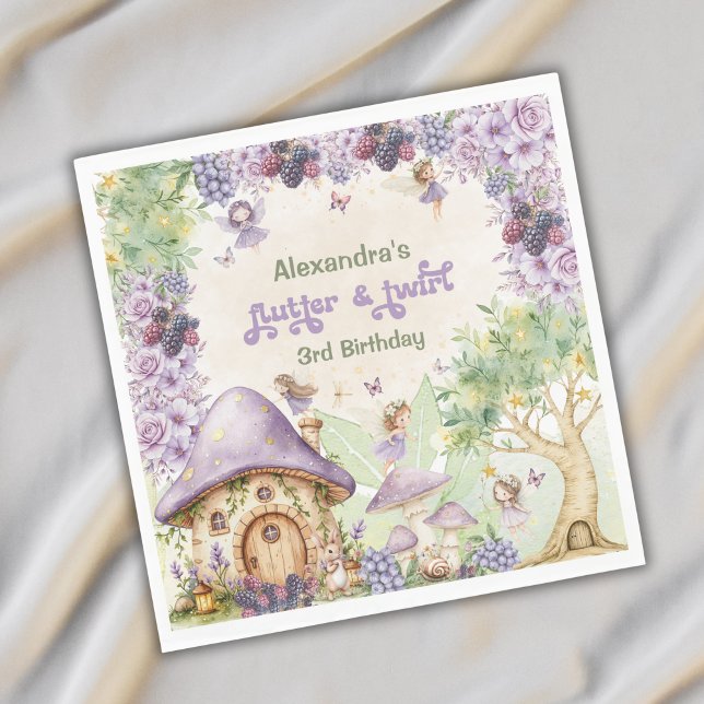 Purple Berry Flutter & Twirl Fairy 3rd Birthday Napkin (Creator Uploaded)