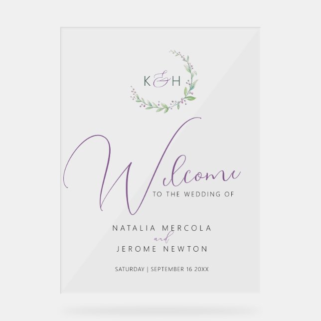 Purple berry green foliage monogram wedding  acrylic sign (Front)