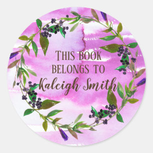 Purple Berry Green Leaf Wreath Watercolor Name Classic Round Sticker