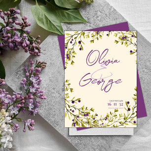 Purple Berry Greenery Leaves Wedding Save the Date Postcard