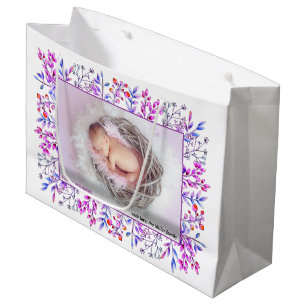 Purple berry leaf Happy Holidays Christmas photo Large Gift Bag