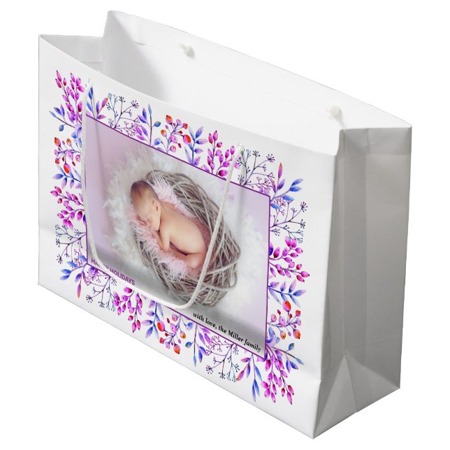 Purple berry leaf Happy Holidays Christmas photo Large Gift Bag (Front Angled)