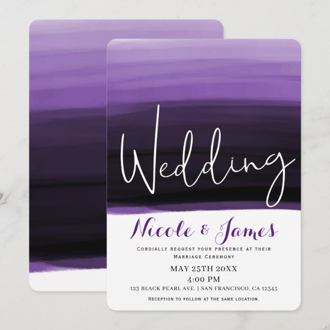 Purple Berry Plum Watercolor Modern Glam Wedding Invitation (Front/Back)