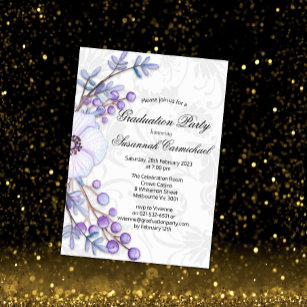 Purple Berry Wreath and Elegant Damask Graduation Invitation
