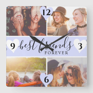 purple best friends script name 4 photo collage square wall clock