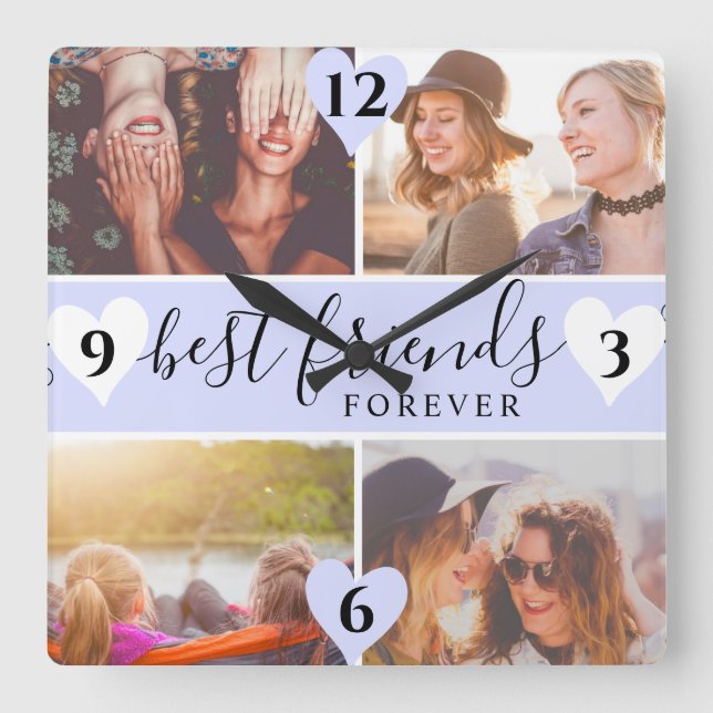 purple best friends script name 4 photo collage square wall clock (Front)