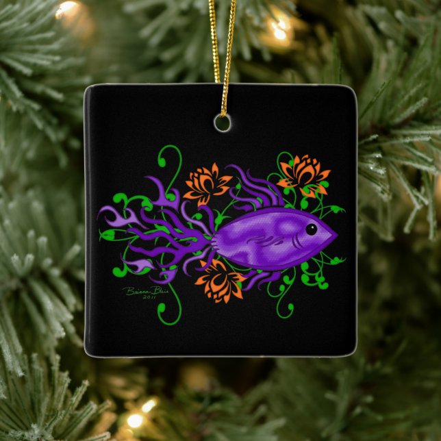 Purple Betta Fish Lotus Flowers Aquatic Art Ceramic Ornament (Tree)