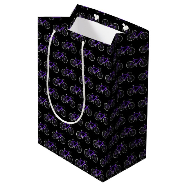 Purple bicycle on black medium gift bag (Back Angled)