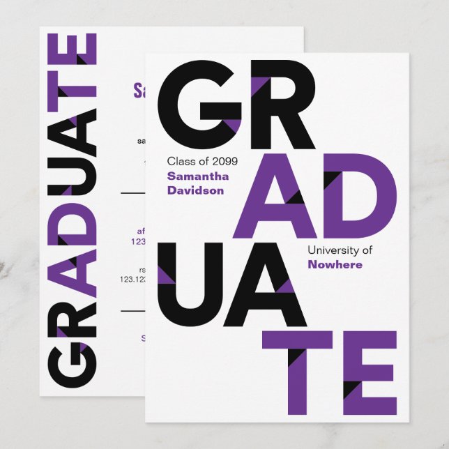 Purple Big Bold Angle-Cut Letters Graduation Invitation (Front/Back)